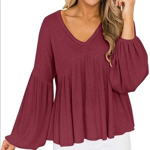 Clarisbelle Women V Neck Puff Sleeve Waffle Knit